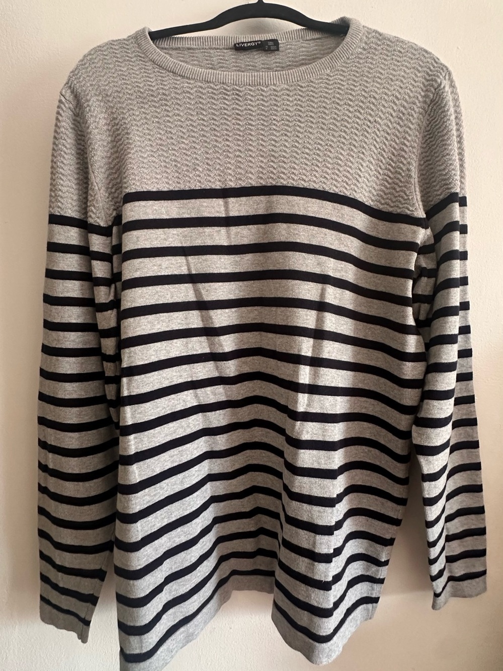 Men's Gray Crewneck Sweater with Black Stripes